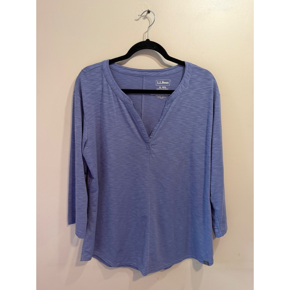 LL Bean Womens XL Blue Slub Knit Split Neck 3/4 Sleeve Tee Shirt 509311